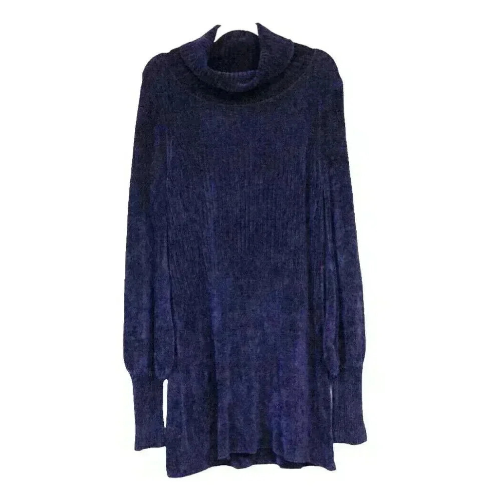 Free People Sweater Dress Medium Turtle Neck Navy Chenille Open Back Stretch